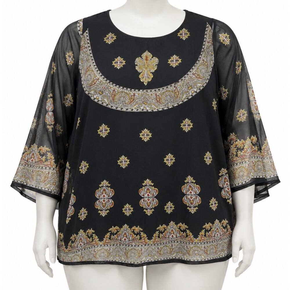 Colors of India Top Women NO SIZE TAG Black Brown Orange Boho Sheer DISCOLOR